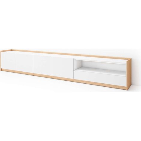 Mueble TV Campanillas-02 de 310x50x37 cm con almacenamiento, color blanco y roble soft (1/4)