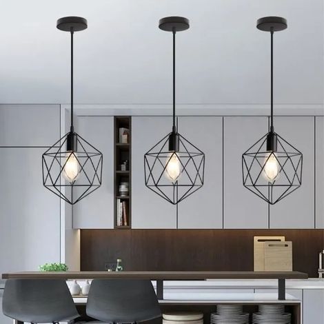 U-DO LOT DE 3 Rétro Suspension Filaire Réglable Lustre Plafonnier Cage en Fer Noir Vintage Industriel (1/4)