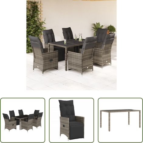 Relaxsessel - 7-tlg. Garten-Bistro-Set mit Kissen Grau Poly Rattan (1/5)