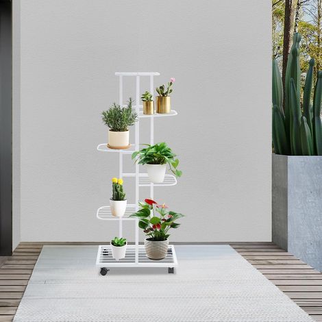 Pflanzenregal mit Rollen, 6 Etagen Pflanzenständer aus Metall, Blumenregal 112 cm hoch, Pflanzentreppe, Blumenständer für Terrasse, Garten, Balkon Deko (Weiß) (1/5)