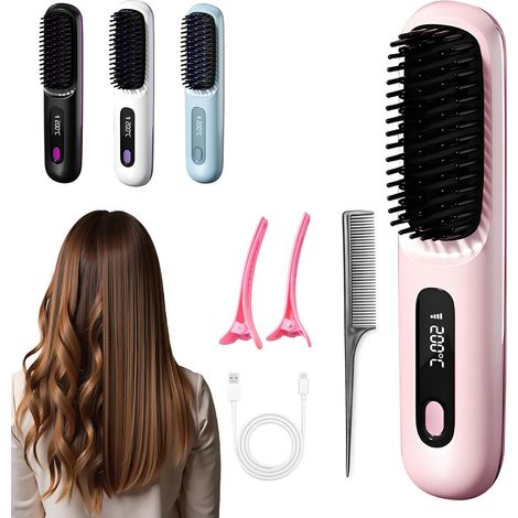 Portable Straightener Brush for Women Travel with LCD Temperature Display, Cordless Hair Straightener Brush for Travel