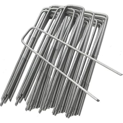 100 verzinkte Stahl-Gartenpfähle, 150 mm, zur sicheren Befestigung von Mulchplanen, Unkrautvliesen und Kunstrasen (1/5)
