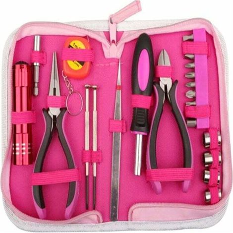 Set di 23 attrezzi rosa con custodia in nylon rosa, ideale per il fai da te e le riparazioni in casa e in ufficio.