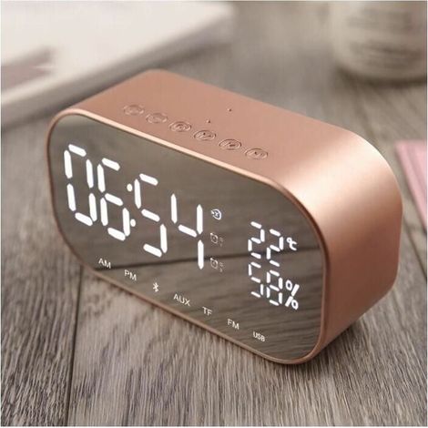 Réveil Radio - Affichage Numérique - Bluetooth 5.0 - Port USB Charge - Entrée AUX/TF - Métal - Rose Doré - 1 Pièce
