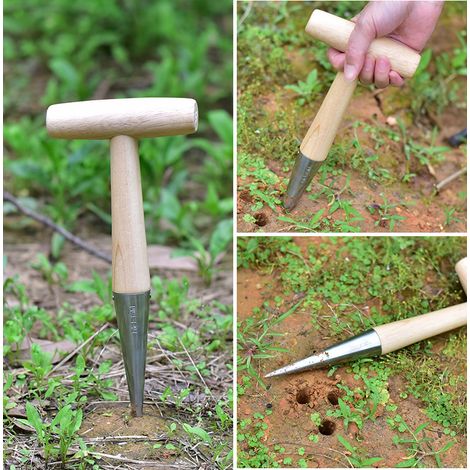 11" Acier Inoxydable Semoir Planteur Outil de Jardin Durable Longue Durée 4.5" Manche en Bois