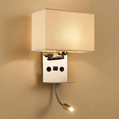 Rwoythk – Applique murale LED ajustable avec port USB – Lampe de lecture blanc chaud E27 – Col de cygne flexible – 2 interrupteurs – Abat-jour en tissu