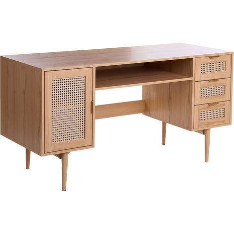 Bureau Moderne Façade en Rotin PE et MDF Pieds en Métal à 3 Tiroirs 1 Porte Marron Clair Raffra (1/5)