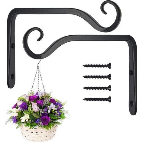 Packung mit 2 schwarzen Wandhaken, Halterungen aus Schmiedeeisen für Hängekörbe, Hängekorbhalterung für Vogel-/Pflanzen-/Laternen-/Windspiel-Futterhäuschen (mit Schrauben) (1/4)