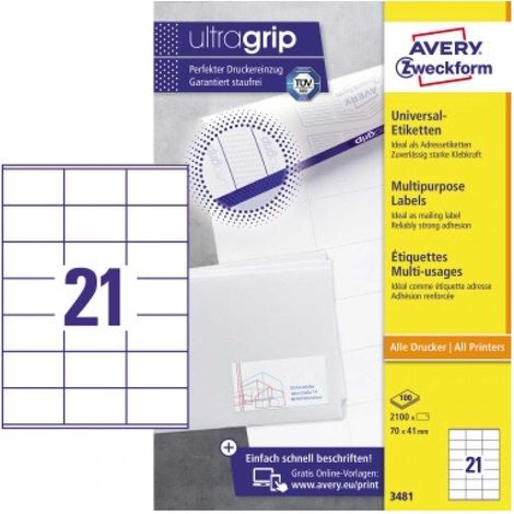 Universaletikett ultragrip 70 x 41 mm (B x H) nicht wieder ablösbar Papier weiß 2.100 Etik./Pack. (1/5)