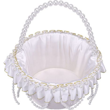 Panier de demoiselle d'honneur de mariage avec poignée en perles, rangement en Satin pour fête, décoration de la maison, blanc (1/5)
