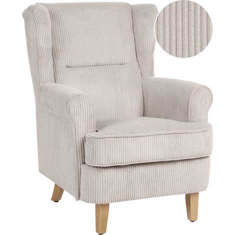 Sillón orejero clásico con respaldo alto tapizado en pana patas de madera beige Abson
