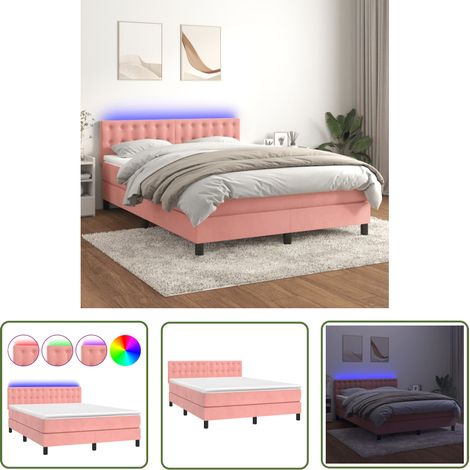 The Living Store Sommier à lattes de lit avec matelas et LED Rose 140x190 cm - Lit Plateforme - Lit Capitonné - Lit Design - Lit Double - Lit Rose (1/5)