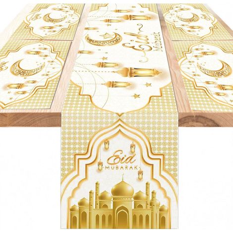 Eid Mubarak Tischdeko Set: Tischläufer & 4 Platzsets, waschbar, weiß-gold
