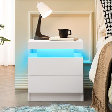 Table de chevet moderne en bois d’ingénierie blanc avec LED multicolore, 2 tiroirs et niche ouverte