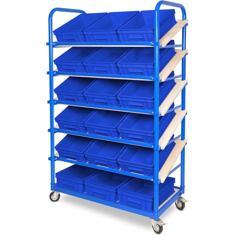BRB Schrägboden-Regalwagen mit 6 Ebenen, BxTxH 1050x500x1690 mm bestückt mit 18 Euroboxen BxTxH 400x300x120 mm (blau)