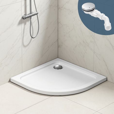 Wolketon Receveur de douche extra-plat 80 x 80 cm quart de rond blanc avec évacuation Ø 90 mm chromée (1/5)