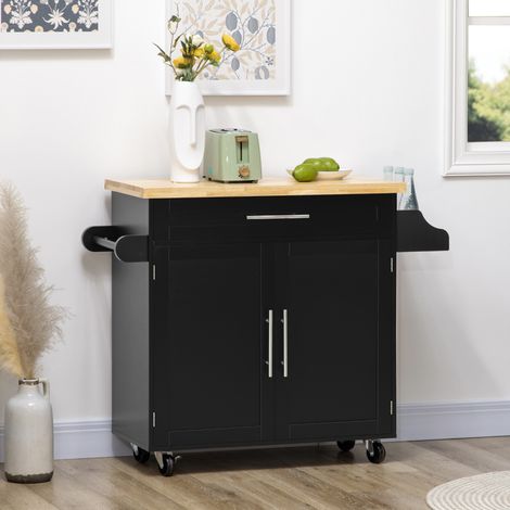Carro de cocina 109x40x89 cm negro de madera con cajón, armario, portaespecias y toallero (1/5)
