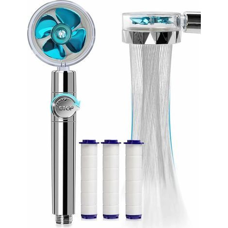 Douchette, Pommeau de Douche Anti Calcaire Economie Deau, Pommeau de Douche Helice Haute Pression Filtre à Trois Niveaux Système de Filtrage avec Filtre 3 Coton PP Remplaçable(Blue) (1/5)