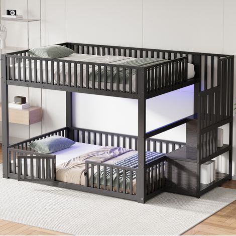 Cama litera baja 140x200 con escalera de almacenaje y LED, metal MDF negro, REDOM (1/5)