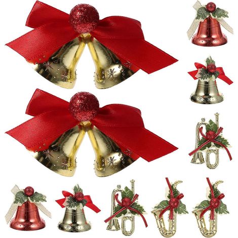 10 décorations de Noël en forme de clochette avec nœud papillon et fleurs (matériel de bricolage)-6X4X3CM