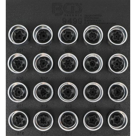 BGS Werkstattwageneinlage  1/6: Felgenschloss-Werkzeug-Satz  für Audi 20tlg.  - 9499  - Inserto per  carrello officina BGS  1/6: Set  di attrezzi per  dadi antifurto  ruota per  Audi 20pz.  - 9499 (1/3)