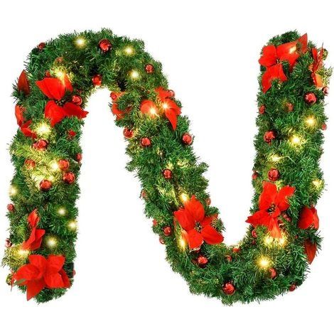 Guirlande Sapin Noel Artificiel, 270 cm Couronnes et Guirlandes de Noël avec LED Fleur Rouge et Boule Rouge, Décoration Guirlandes de Noël pour Chambre Porte Mur Fenêtre Escalier Cheminée (1/5)