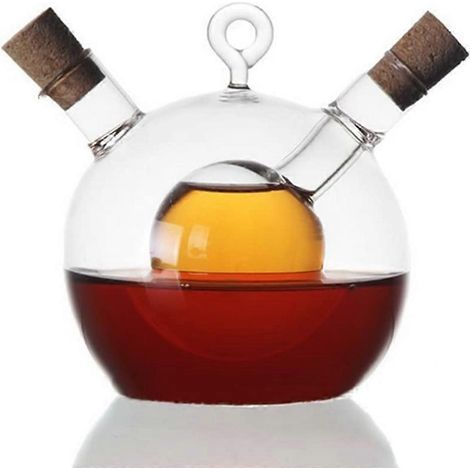 Distributeur d'huile d'olive rond 2 en 1 et bouteille de vinaigre transparente, pot de dosage d'huile en verre hermétique, 8,5 x 11,5 x 10 cm (1/4)