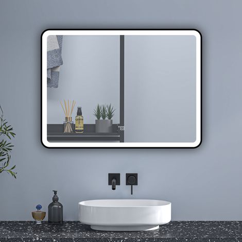 80x60cm Illuminated Bathroom Anti-fog Mirror with Adjustable 3-Colour LED Light and Black Matel Frame,Touch Switch - Memory Function (1/5)