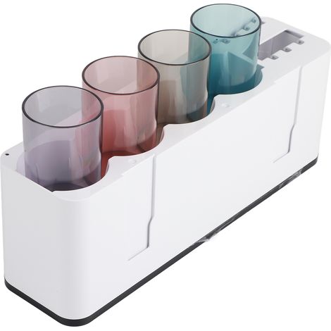 Support mural magnétique pour brosses à dents avec 4 gobelets et presse-dentifrice, design inversé et transparent. (1/5)