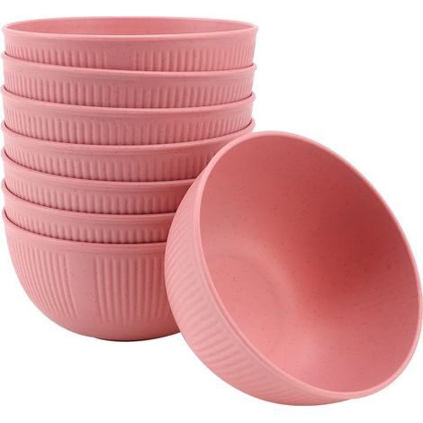 (Lot de 8 bols roses) Bols en plastique résistants aux chutes pour un usage domestique, salades, soupes, nouilles et riz. (1/5)