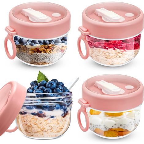 Lot de 4 pots hermétiques de 567 ml (20 oz) pour flocons d'avoine à conserver la veille, avec couvercles et cuillères - Pots en plastique pour yaourt, lait, fruits, céréales et salades (1/5)