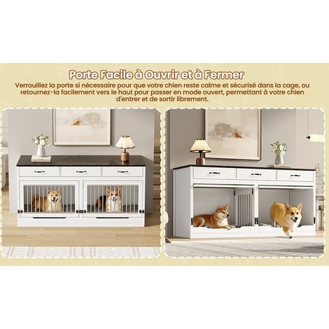 Cage pour chiens en bois et métal avec 3 tiroirs, porte relevable, cloison amovible, 164×60×81 cm, blanc et noir (1/5)