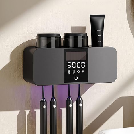 Porte-brosses à dents - Stérilisateur UV pour brosses à dents avec fonction séchage - Fixation murale sans perçage - 4 emplacements (1/5)
