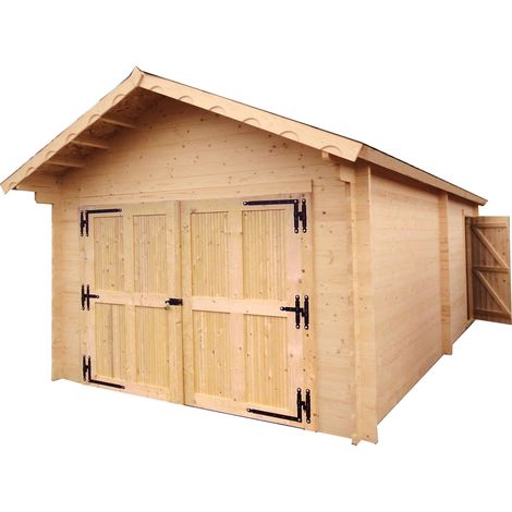 HABRITA Garage bois massif 24,23 m² madriers 60 mm - toit double pente ONDUCHAPE VV - porte bois