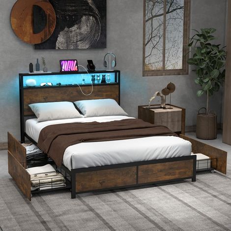 COSTWAY Stauraumbett mit LED Beleuchtung, Ladestation & 4 Schubladen, Doppelbett mit Kopfteil & Lattenrost, Industrielles Bett, Metallbett Bettrahmen 200 x 140 cm (1/5)
