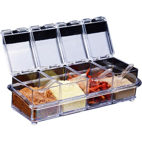 4pcs Pots à épices transparents avec couvercle et cuillère, set de rangement pour condiments en cuisine, boîtes de conservation pour herbes et épices.