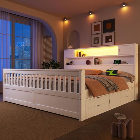 Cadre de lit plateforme (180x200cm) avec étagères et compartiments de rangement, éclairage LED, port USB et quatre tiroirs, blanc, garantie 2 ans (1/5)