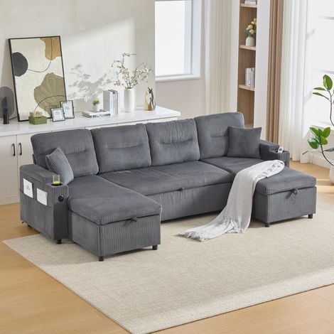 Canapé 4 places 272x136 cm avec double méridienne, couchage, rangements, porte-gobelets, USB-C, velours côtelé gris (1/5)