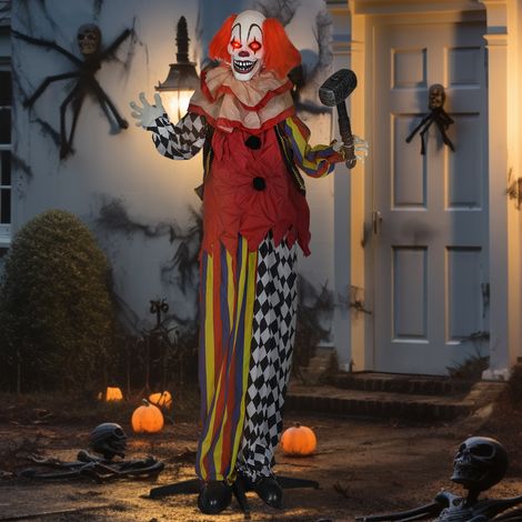 Clown effrayant, automate d'Halloween, 173 cm, yeux lumineux, activation sonore, bras et tête articulés, fonctionne à piles, plastique, métal, rouge