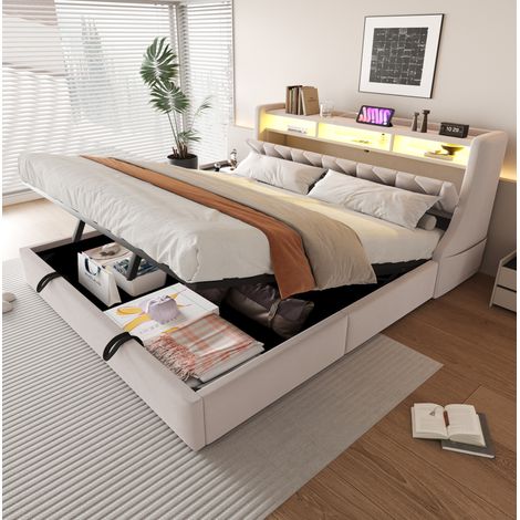 Letto matrimoniale 180x200 cm beige in velluto con contenitore idraulico, LED e prese USB (1/5)