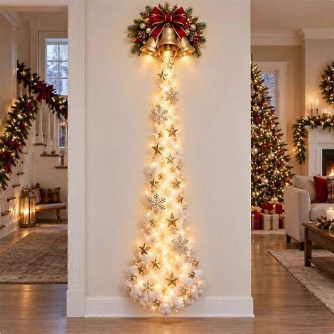 Décoration murale de Noël lumineuse avec cascade de rennes, cerfs volants et guirlande lumineuse LED blanc chaud, ornements d'étoiles de neige, décoration murale rustique pour la maison (1/5)