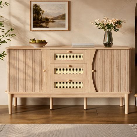 Buffet 141 x 40 x 77 cm, commode avec portes coulissantes, étagères réglables et plateau aux angles arrondis, décor rotin naturel (1/5)