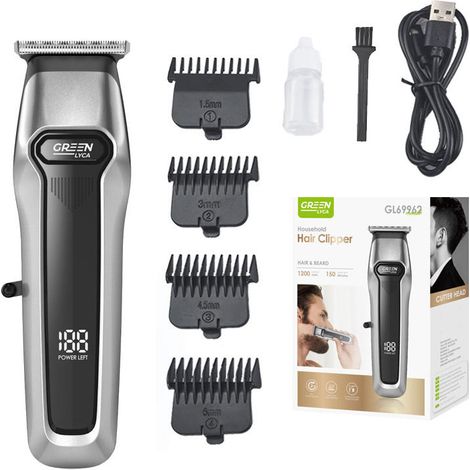 Tondeuse à cheveux LYCA GL69962 Gris Argenté (verte) avec écran LED, batterie 1200 mAh, 150 minutes d'autonomie