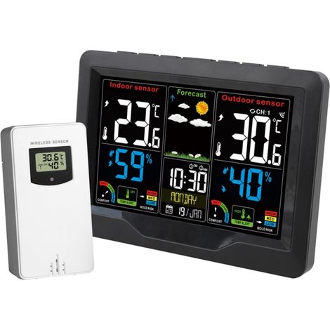 Horloge météo couleur avec capteur, thermomètre et hygromètre intérieurs, alarme rechargeable par USB