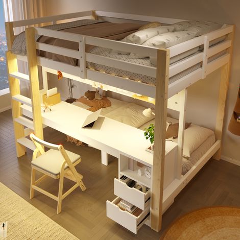Letto a castello 140x200/90x200 in legno con scrivania cassetti e LED (1/5)