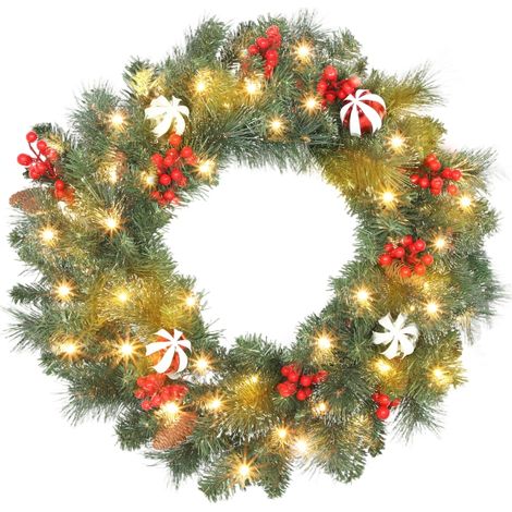 Couronne de Noël lumineuse 60 cm avec 50 LED, minuterie, 146 pointes, pommes de pin, baies, boules décoratives, vert (1/5)
