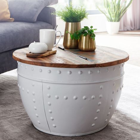 Table basse coffre 60x60x36 cm en manguier recyclé et fer blanc (1/5)