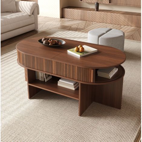 Mesa de centro ovalada con almacenaje, 120 x 60 x 51,5 cm, con taburetes de tela, nogal OKMYHOME (1/5)