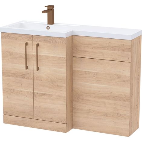 Balterley Left-Hand Bathroom Vanity and WC Unit Combination with Basin - 1100mm - Woodgrain Light Oak with Brushed Bronze Handles