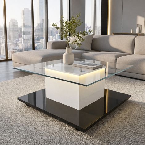 Mesa de centro elevable de vidrio templado 80 x 80 x 40 cm, LED regulable, con ruedas DESVIAE (1/5)